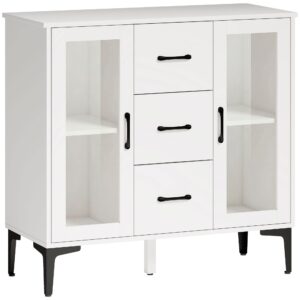 Moderne skænk med soft-close døre, buffetskab med 3 skuffer, 2 vitrinedøre, justerbare hylder, MDF, hvid