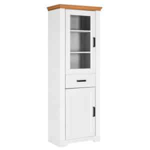 NORDIC LIVING COLLECTION Maluno søjlevitrineskab, m. 2 låger, 3 hylder, 1 skuffe - glas og natur og hvid fyrretræ