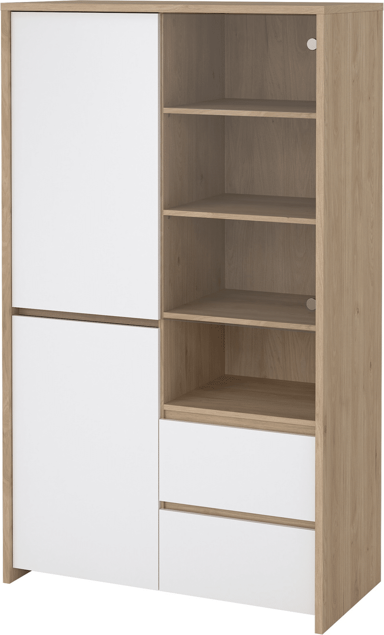Vitrineskab Vesterholm Next, Jackson Hickory/hvid højglans, H170xB100xD48 cm, vægmonteret